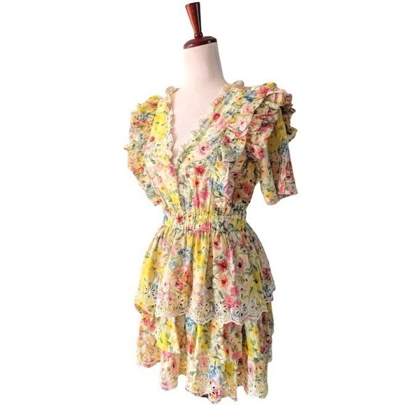 LoveShackFancy Aldina Ditsy Floral Ruffle‎ Mini Dress Lace Trim Size S - Picture 2 of 7